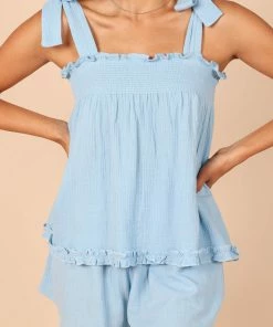 PUP50 Karlee Tie Shoulder Smock Top - Blue Clothing