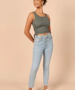 PUP14 Clothing Kylie Gathered Side Tank Top - Sage Green