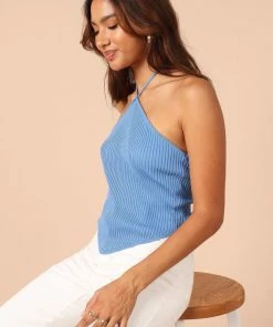 PUP14 Larissa Halter Knit Top - Blue Clothing