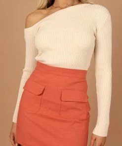 PUP4 Montreal One Shoulder Knit Top - Beige Clothing