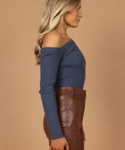 PUP4 Montreal One Shoulder Knit Top - Midnight Blue Clothing