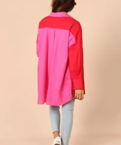 PUP56 Clothing Polly Colour Block Button Down Top - Hot Pink Multi