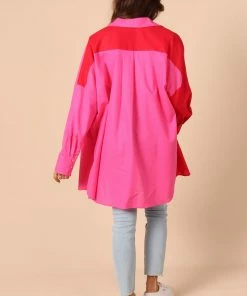 PUP56 Clothing Polly Colour Block Button Down Top - Hot Pink Multi