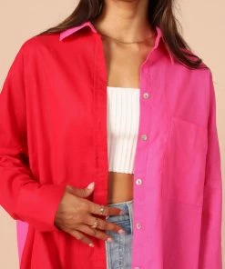 PUP56 Clothing Polly Colour Block Button Down Top - Hot Pink Multi