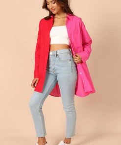 PUP56 Clothing Polly Colour Block Button Down Top - Hot Pink Multi