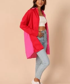 PUP56 Clothing Polly Colour Block Button Down Top - Hot Pink Multi