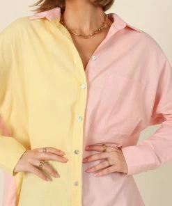 PUP56 Polly Colour Block Button Down Top - Pale Pink Multi