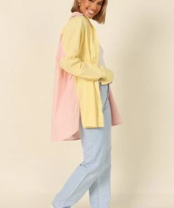 PUP56 Polly Colour Block Button Down Top - Pale Pink Multi