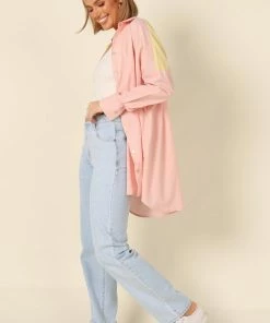PUP56 Polly Colour Block Button Down Top - Pale Pink Multi