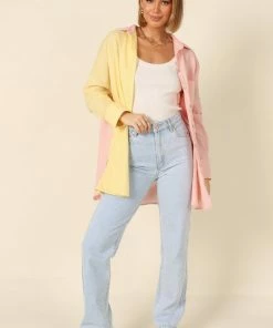PUP56 Polly Colour Block Button Down Top - Pale Pink Multi