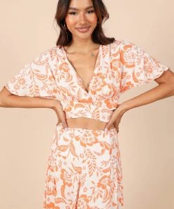 PUP50 Sharny Tie Front V Neck Top - Orange