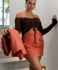 PUP4 Soho Off Shoulder Knit Top - Chocolate Brown Clothing