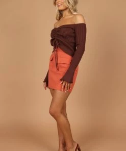 PUP4 Soho Off Shoulder Knit Top - Chocolate Brown Clothing