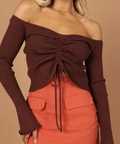 PUP4 Soho Off Shoulder Knit Top - Chocolate Brown Clothing