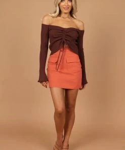 PUP4 Soho Off Shoulder Knit Top - Chocolate Brown Clothing