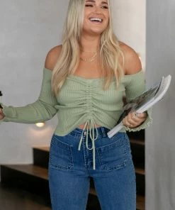 PUP4 Soho Off Shoulder Knit Top - Sage