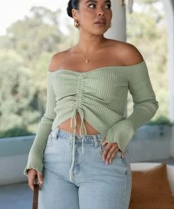 PUP4 Soho Off Shoulder Knit Top - Sage