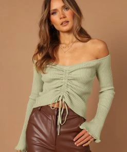 PUP4 Soho Off Shoulder Knit Top - Sage