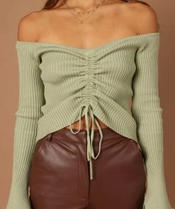 PUP4 Soho Off Shoulder Knit Top - Sage