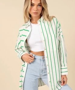 PUP56 Suzie Button Down Top - Green Stripe Clothing