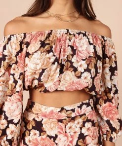 PUP50 Wedding Guest Tamara Off Shoulder Crop Top - Peach Floral