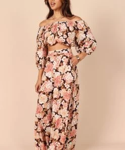 PUP50 Wedding Guest Tamara Off Shoulder Crop Top - Peach Floral